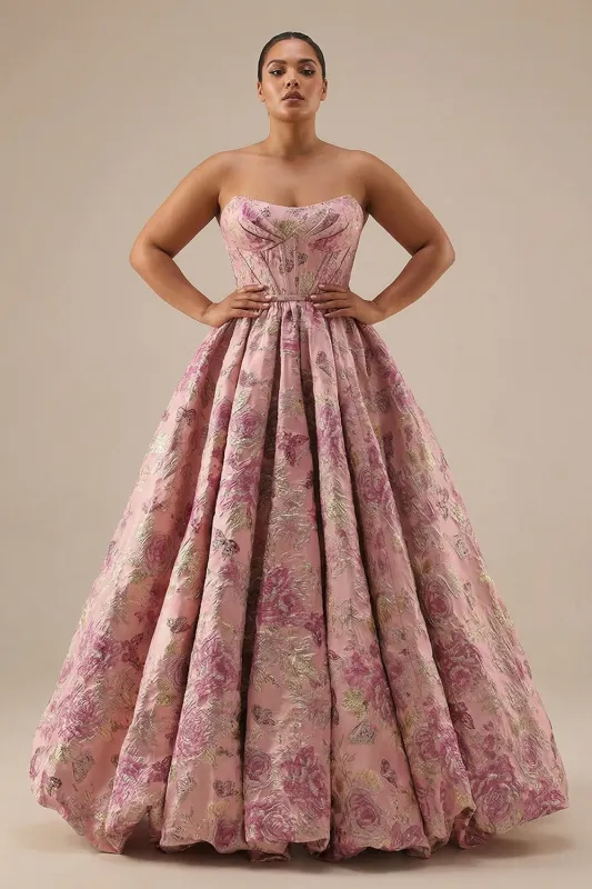 Princess Pink Floral Strapless Corset Long Plus Size Prom Dress with Lace Up Back sold by Zapaka