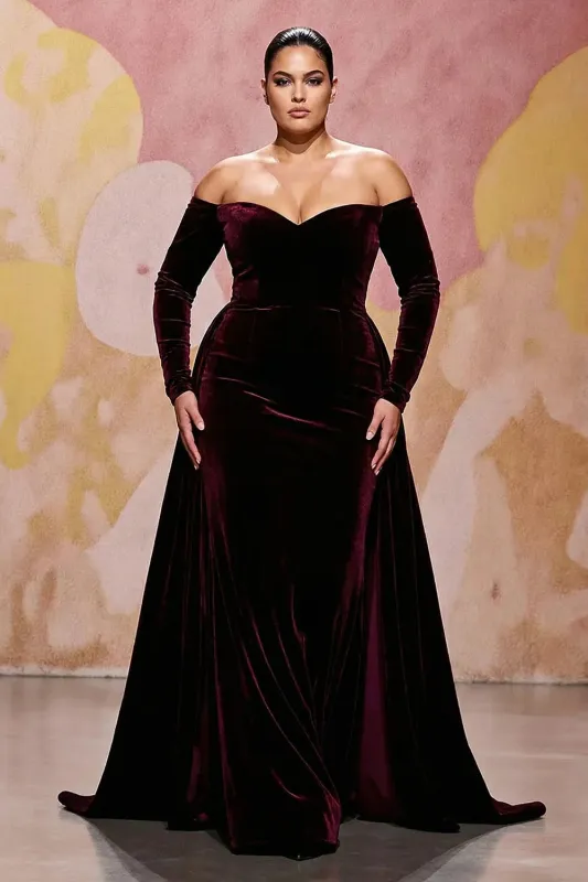 Dark Red A Line Velvet Off The Shoulder Plus Size Maxi Dress with Long Sleeves sold by Zapaka
