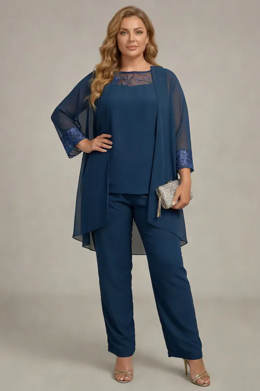 Navy 3 Pieces Long Sleeves Plus Size Mother of the Bride Pant Suits sold by Zapaka