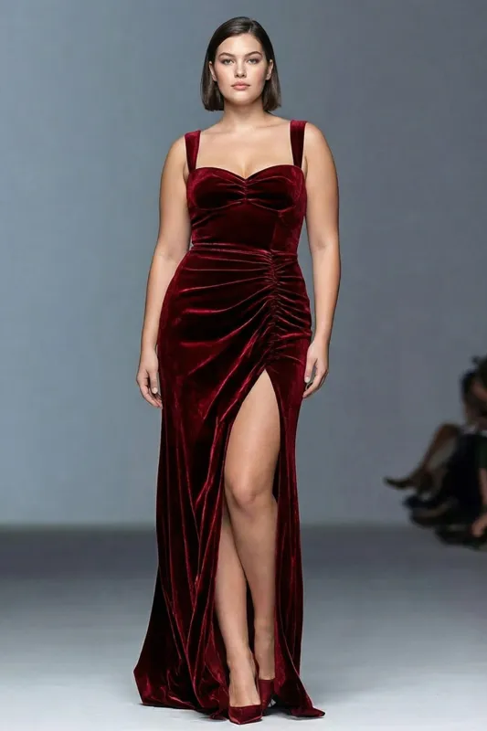 Burgundy Velvet A-Line Ruched Long Plus Size Formal Dress with Slit sold by Zapaka