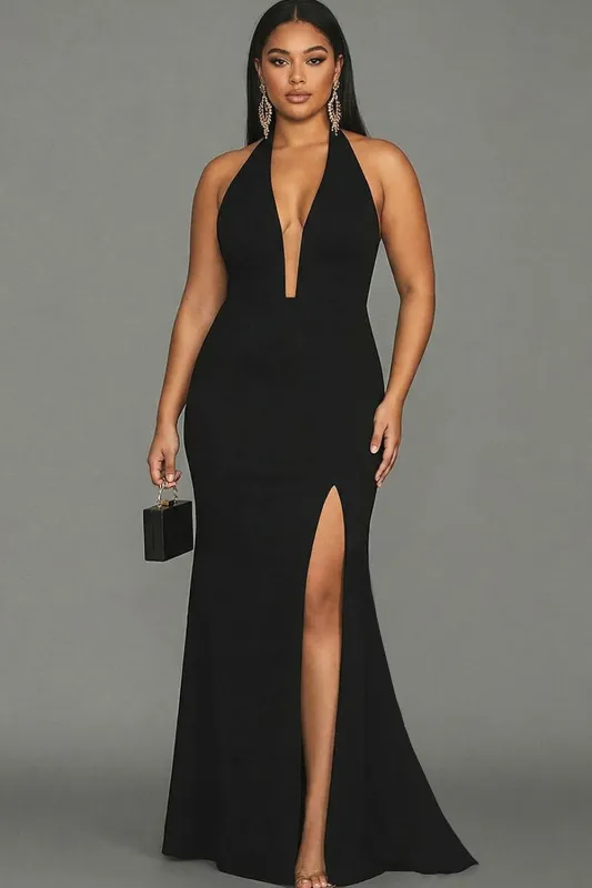 Black Halter Mermaid Satin Long Plus Size Formal Dress with Slit sold by Zapaka