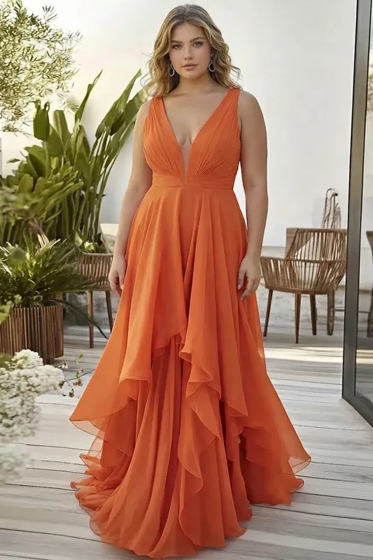 Orange Ruffled V Neck A Line Chiffon Long Plus Size Wedding Guest Dress sold by Zapaka