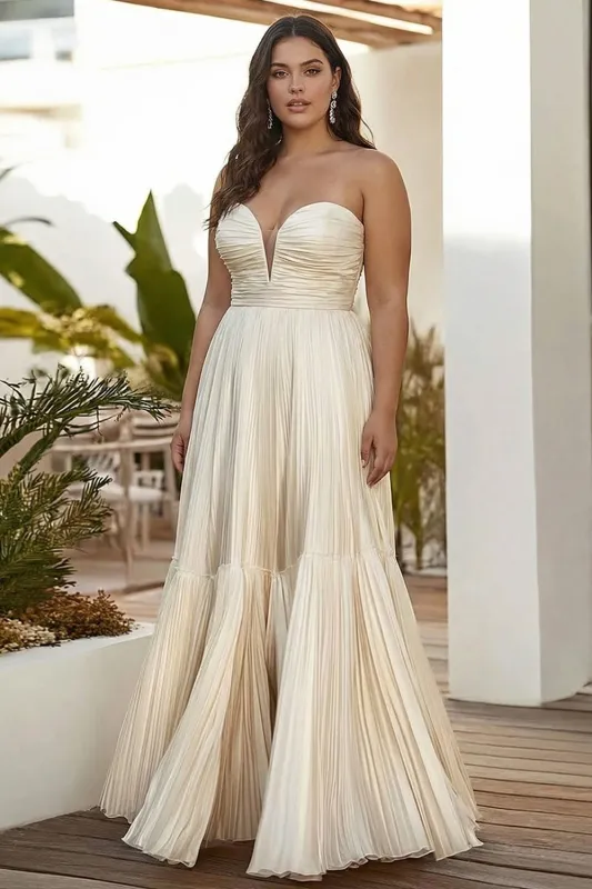 Champagne Pleated Strapless A Line Long Plus Size Wedding Guest Dress sold by Zapaka