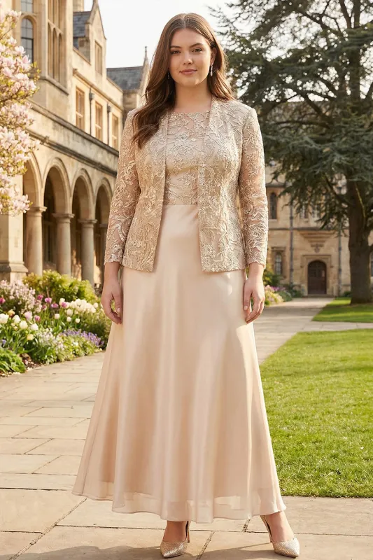 Champagne A Line Two Piece Plus Size Mother Of The Bride Dress with Long Sleeve made by Zapaka