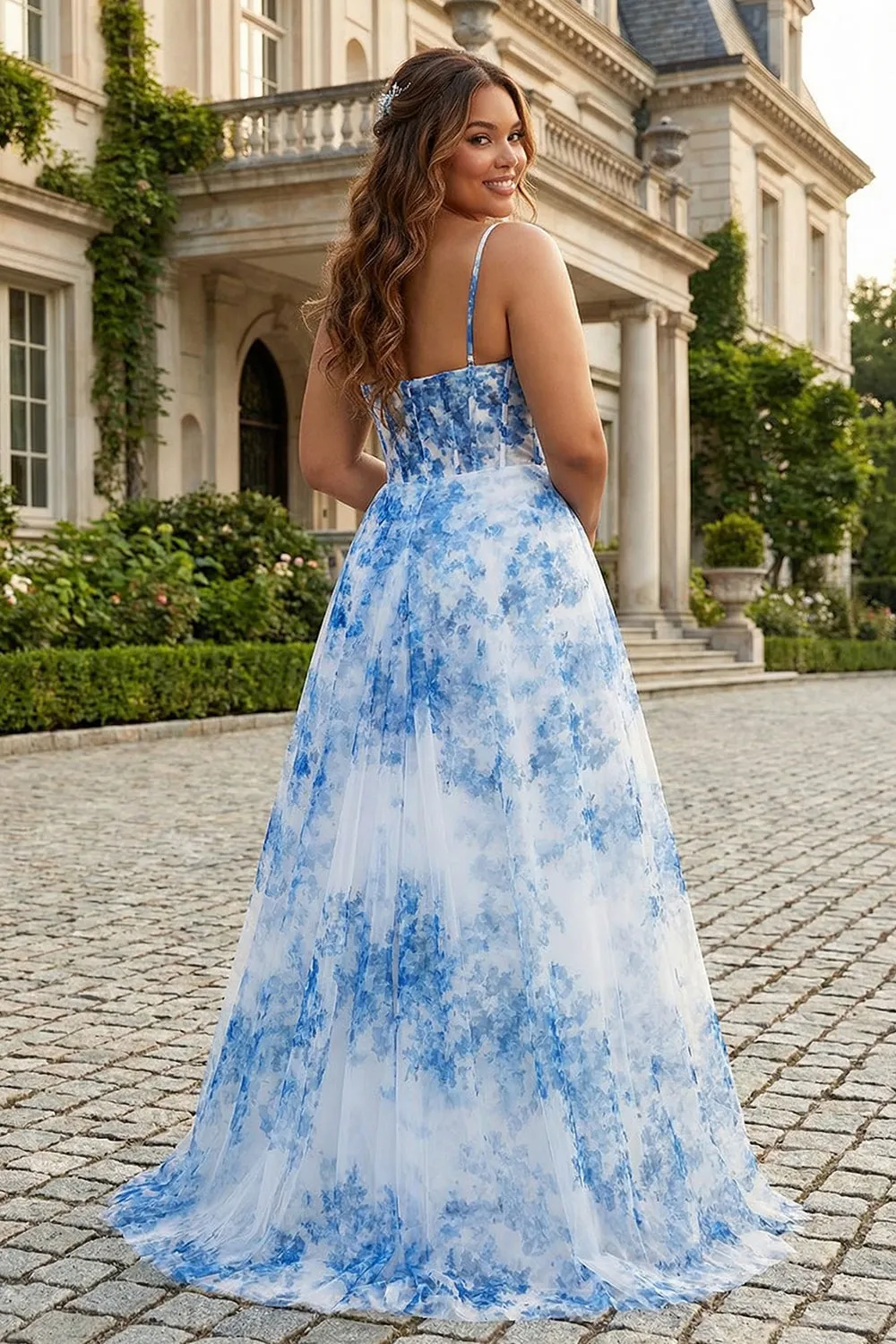 White Blue Flower Spaghetti Straps Corset Long Plus Size Prom Dress with Slit sold by Zapaka product image thumbnail 2