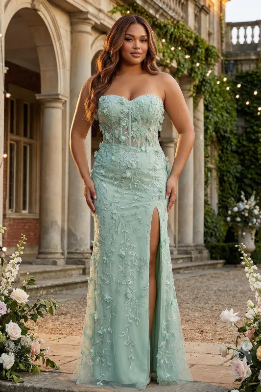 Sage Plus Size Mermaid Appliqued Sweetheart Long Prom Dress with Slit sold by Zapaka