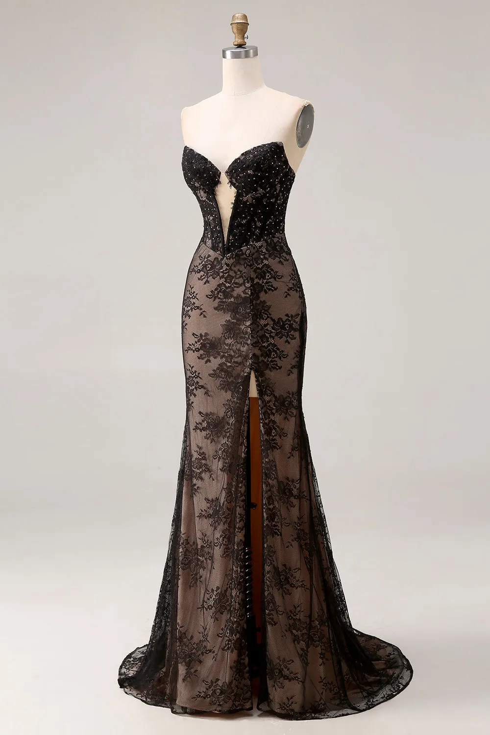 Strapless Mermaid Beaded Rose Black Lace Long Prom Dress with Slit sold by Zapaka product image thumbnail 3
