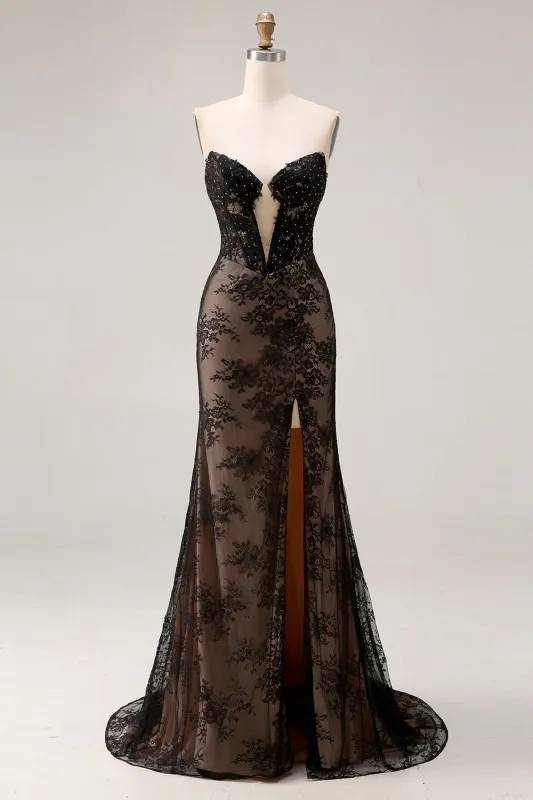 Strapless Mermaid Beaded Rose Black Lace Long Prom Dress with Slit sold by Zapaka