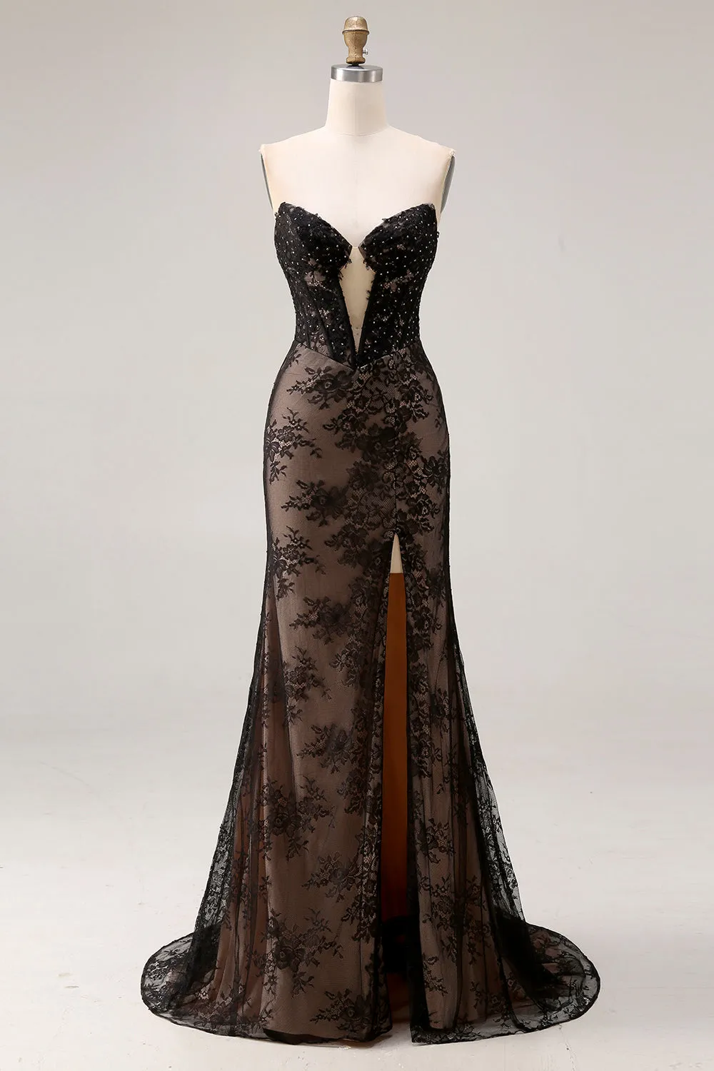Strapless Mermaid Beaded Rose Black Lace Long Prom Dress with Slit sold by Zapaka
