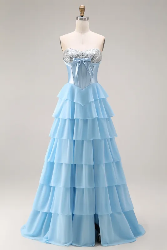 Blue Strapless Corset A-Line Tiered Ruffled Long Prom Dress with Slit made by Zapaka