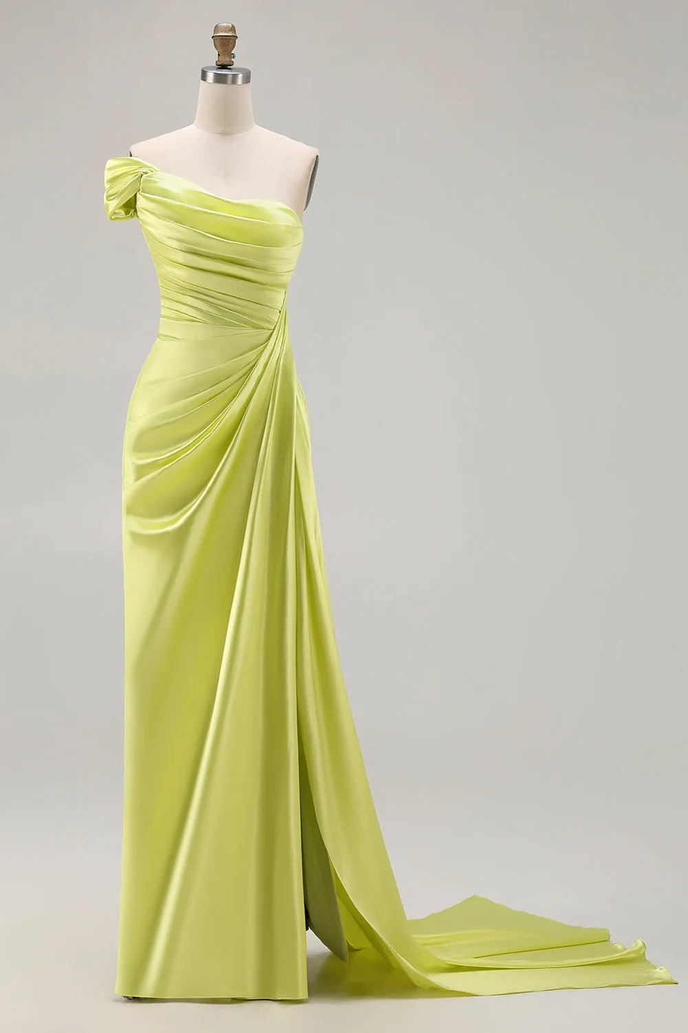Green One Shoulder Ruched Sheath Long Prom Dress with Slit sold by Zapaka