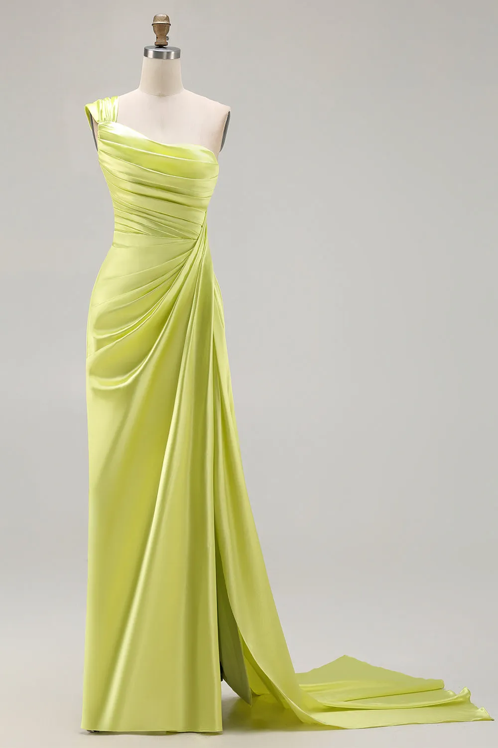 Green One Shoulder Ruched Sheath Long Prom Dress with Slit sold by Zapaka product image thumbnail 4
