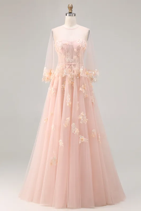 Blush A-Line Tulle Appliqued Corset Convertible Long Prom Dress with Sleeves sold by Zapaka