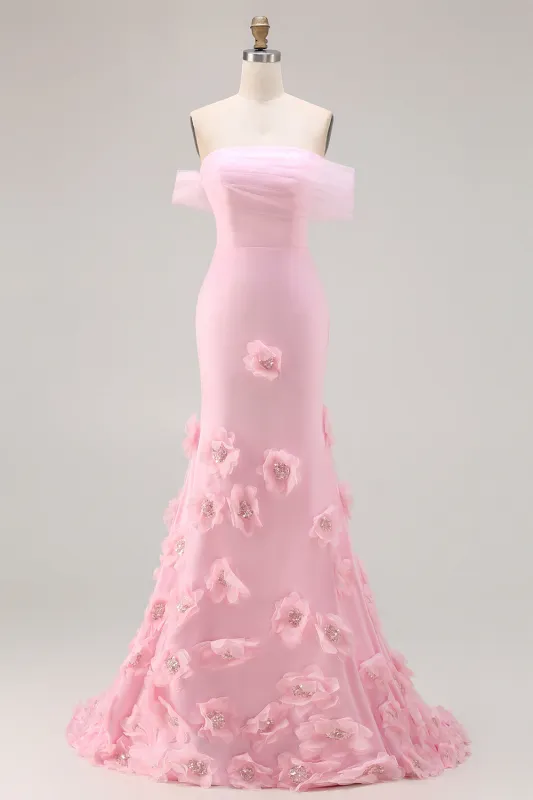 Pink 3D Flowers Off the Shoulder Mermaid Prom Dress sold by Zapaka