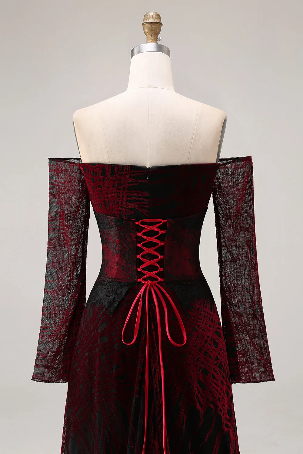 Black Red Off the Shoulder Printed A-Line Prom Dress with Long Sleeves sold by Zapaka product image thumbnail 5