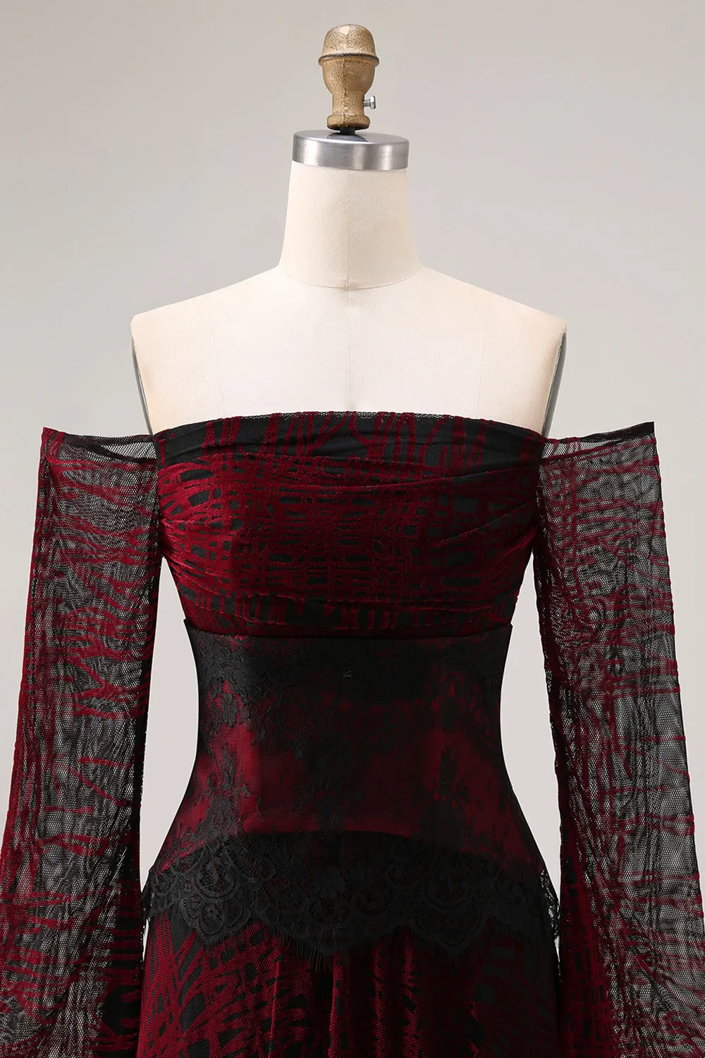 Black Red Off the Shoulder Printed A-Line Prom Dress with Long Sleeves sold by Zapaka product image thumbnail 4