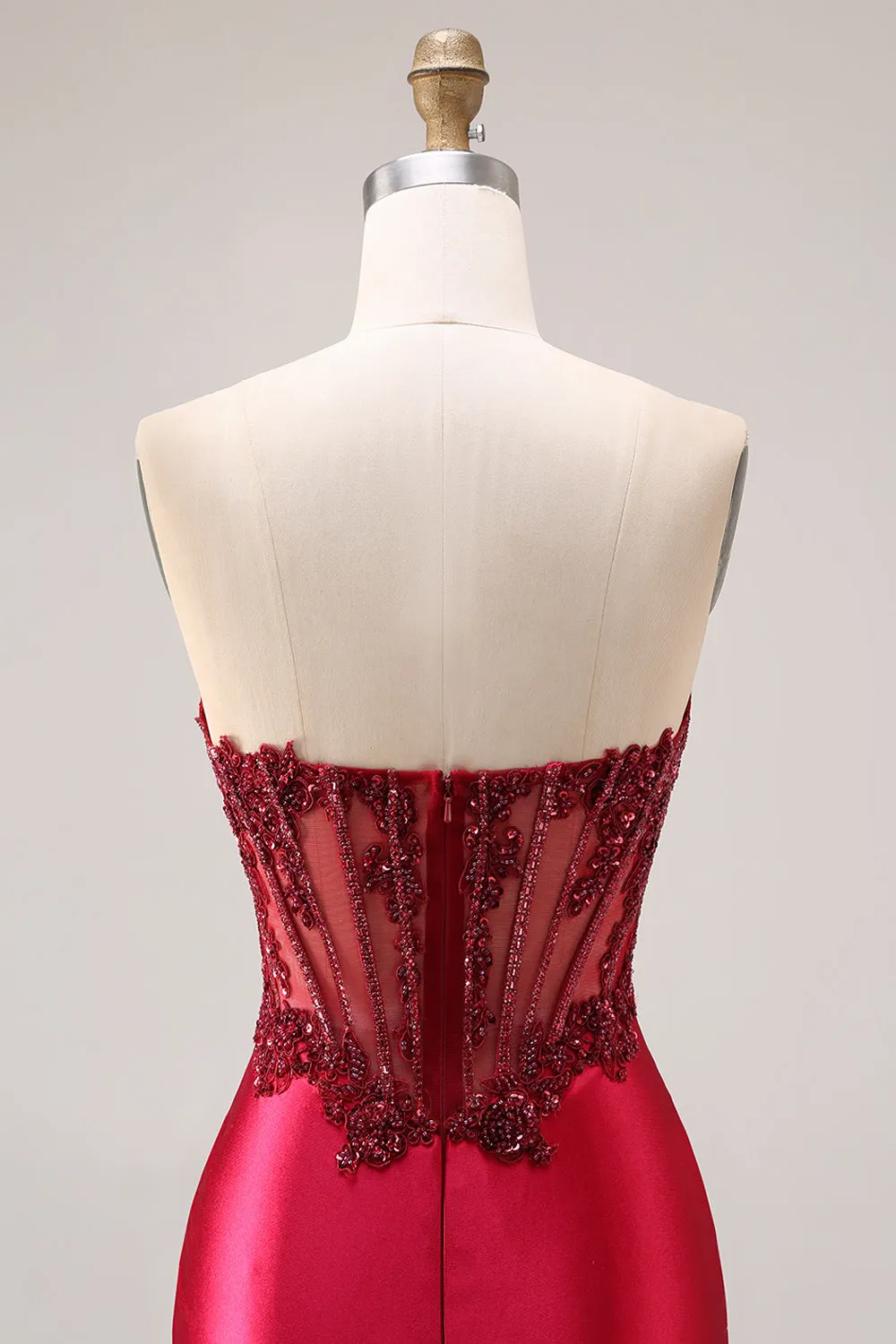 Burgundy Strapless Beading Mermaid Corset Satin Prom Dress with Slit sold by Zapaka product image thumbnail 5