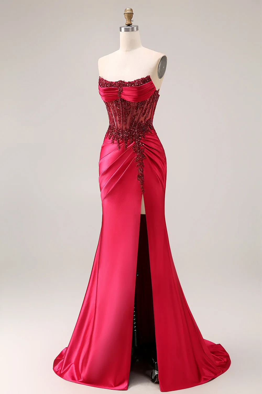 Burgundy Strapless Beading Mermaid Corset Satin Prom Dress with Slit sold by Zapaka product image thumbnail 2