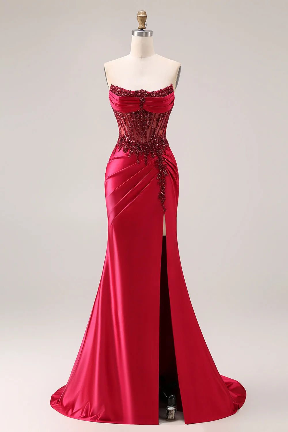Burgundy Strapless Beading Mermaid Corset Satin Prom Dress with Slit sold by Zapaka