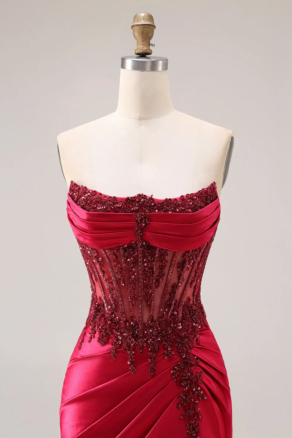 Burgundy Strapless Beading Mermaid Corset Satin Prom Dress with Slit sold by Zapaka product image thumbnail 3