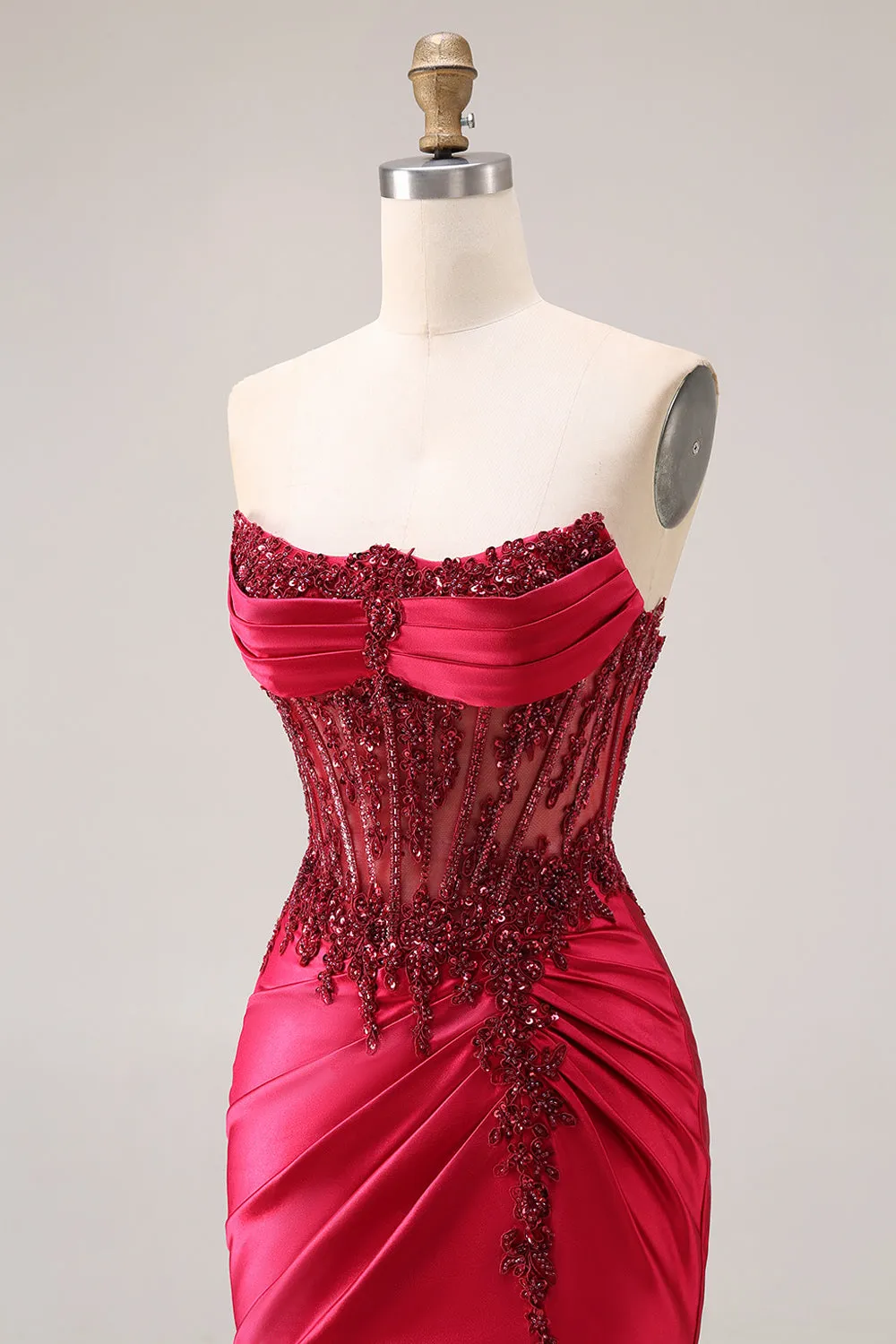 Burgundy Strapless Beading Mermaid Corset Satin Prom Dress with Slit sold by Zapaka product image thumbnail 4