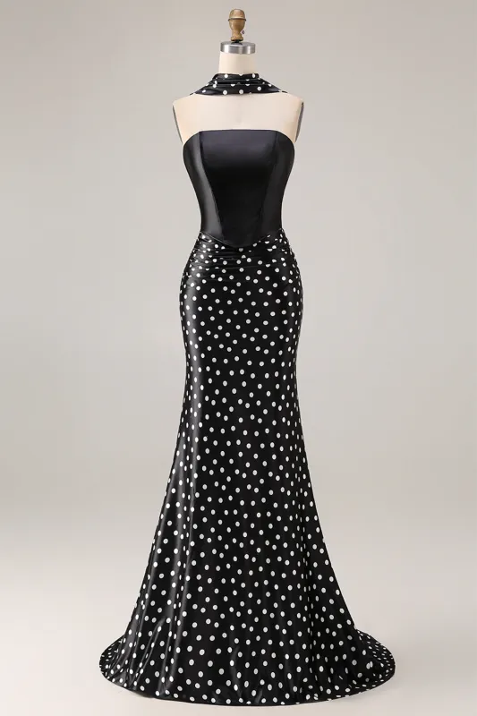 Black White Dots Mermaid Satin Long Prom Dress with a Neck Scarf made by Zapaka