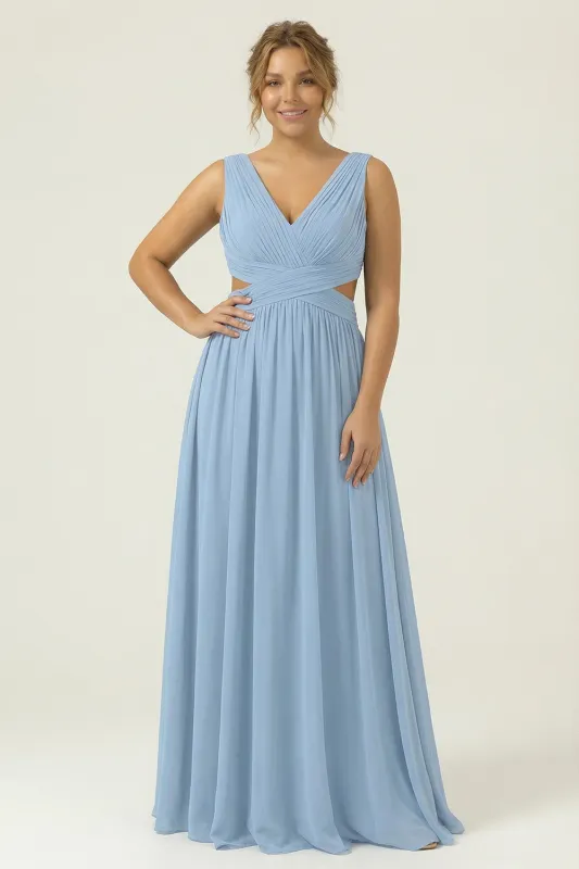 Dusty Blue Chiffon V Neck A Line Long Plus Size Bridesmaid Dress with Lace Up Back sold by Zapaka