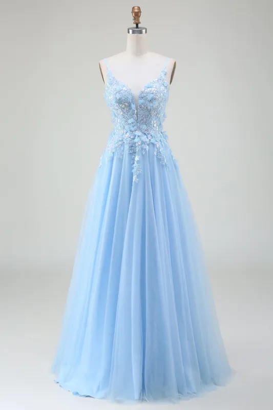 A-Line Light Blue Prom Dress with Appliques sold by Zapaka
