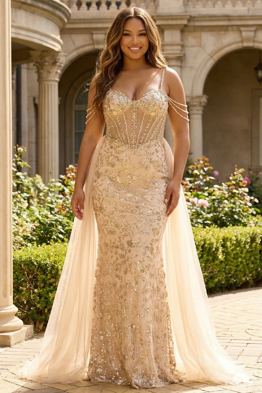 Sparkly Champagne Mermaid Corset Long Plus Size Prom Dress with Appliques sold by Zapaka
