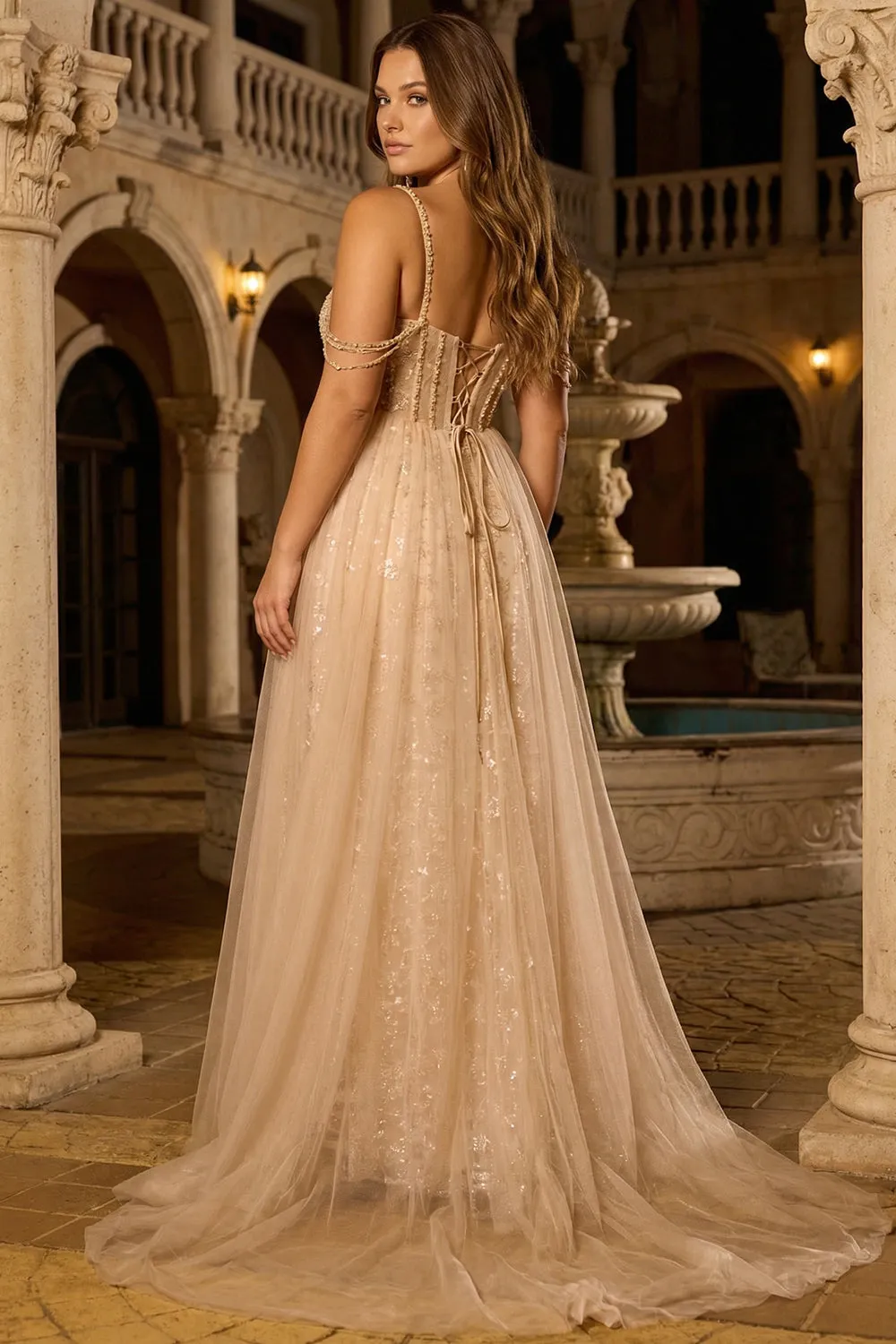 Sparkly Champagne Mermaid Corset Long Plus Size Prom Dress with Appliques sold by Zapaka product image thumbnail 2