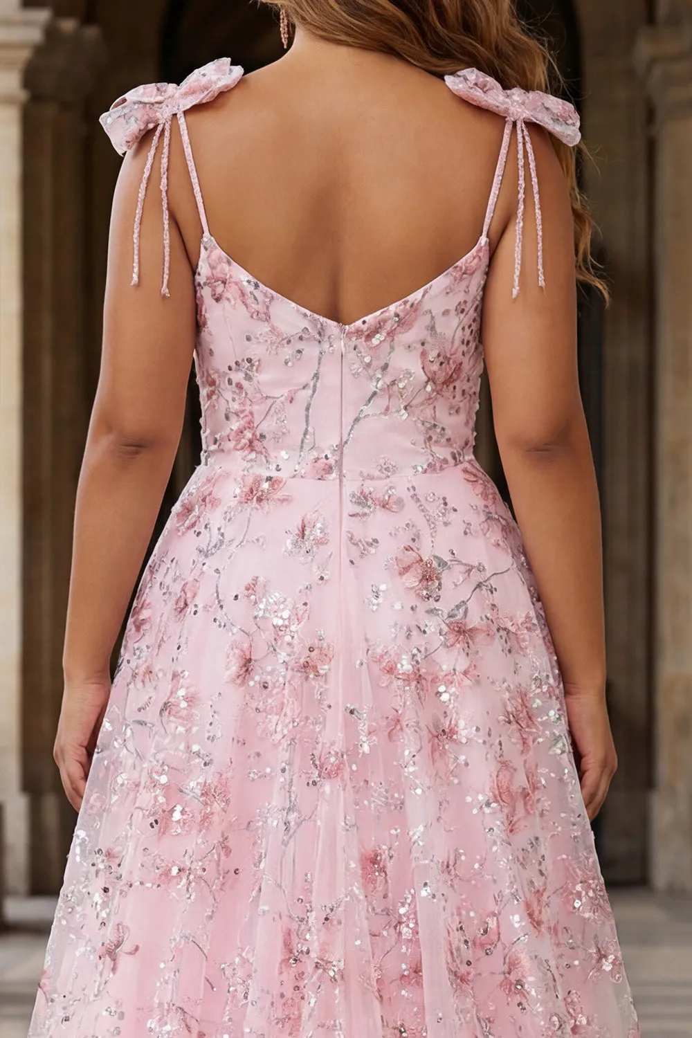 Sparkly Pink A-Line Floral Sequins Long Plus Size Prom Dress with Bows sold by Zapaka product image thumbnail 4