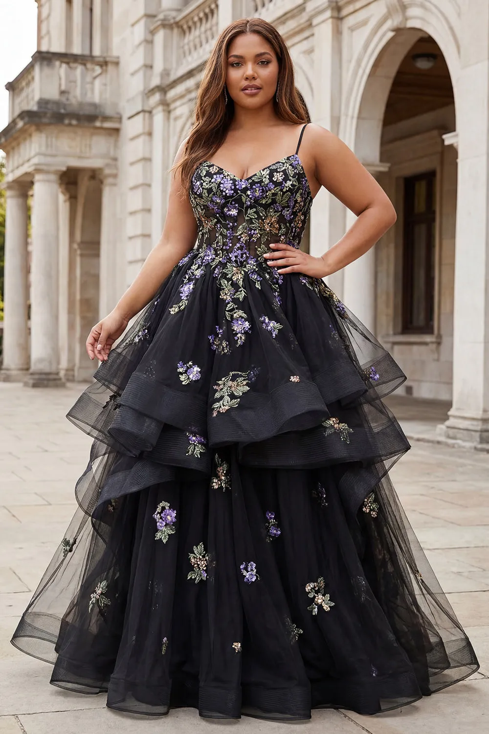 Black Flower Sequins Long Plus Size Prom Dress with Ruffles sold by Zapaka