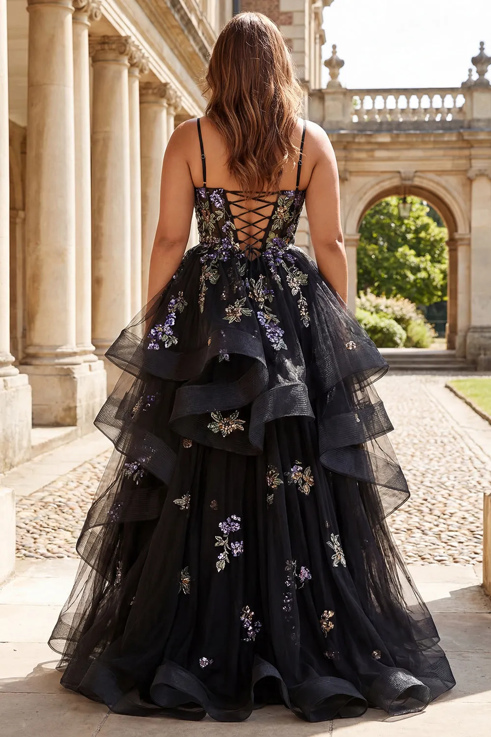 Black Flower Sequins Long Plus Size Prom Dress with Ruffles sold by Zapaka product image thumbnail 2