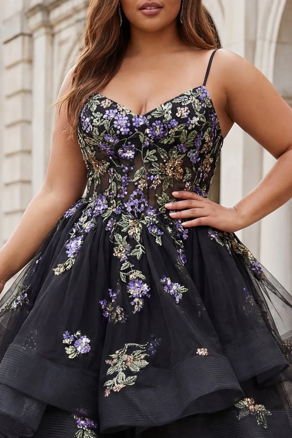 Black Flower Sequins Long Plus Size Prom Dress with Ruffles sold by Zapaka product image thumbnail 3