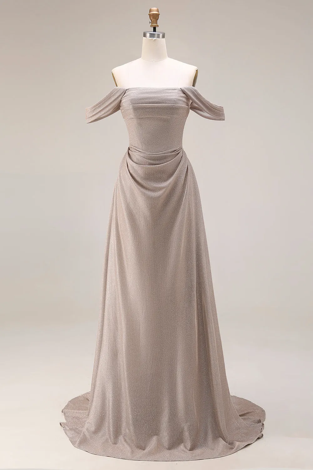 Grey Off The Shoulder Ruched Long Prom Dress with Lace Up Back sold by Zapaka