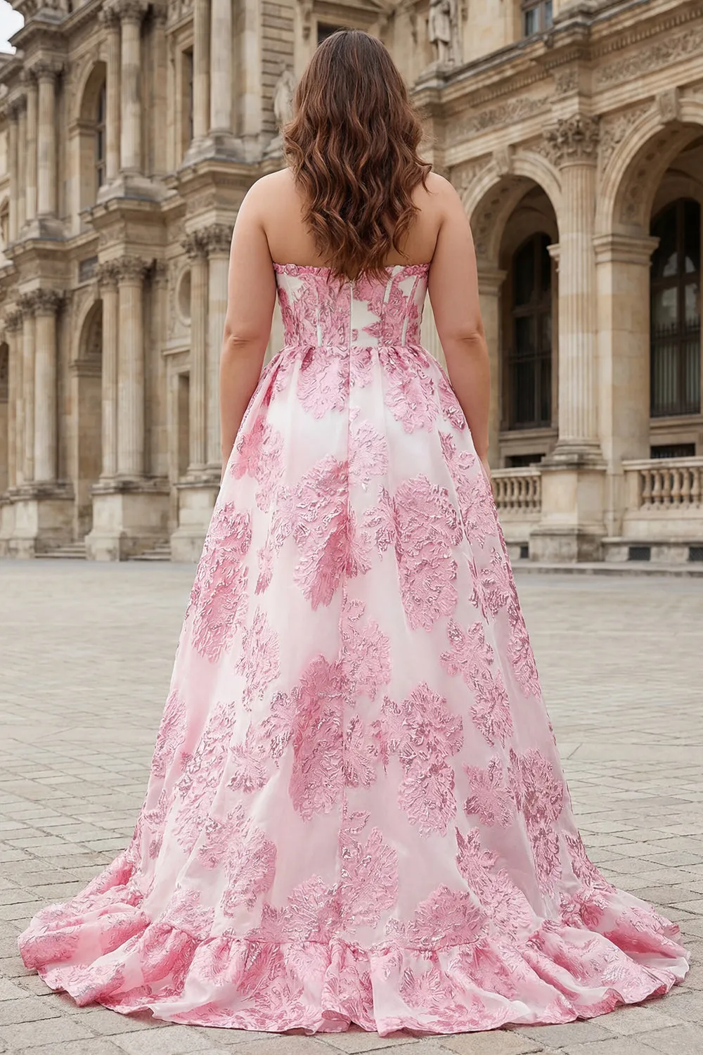 Pink Jacquard Strapless A Line Corset Long Plus Size Prom Dress with Slit sold by Zapaka product image thumbnail 2