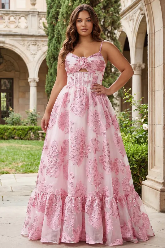Pink Brocade Jacquard Cut Out A-Line Long Plus Size Prom Dress with 3D Flower sold by Zapaka