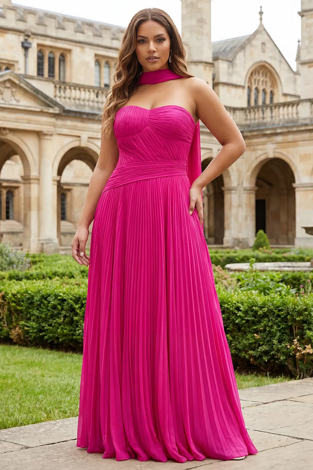 Fuchsia Pleated A Line Sweetheart Long Plus Size Prom Dress with Sash sold by Zapaka