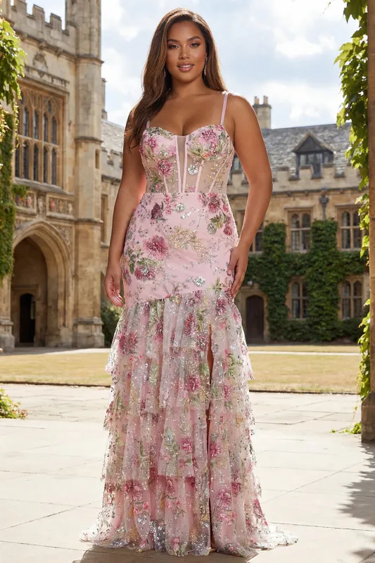 Pink Floral Mermaid Tiered Ruffled Sequin Long Plus Size Prom Dress with Slit sold by Zapaka