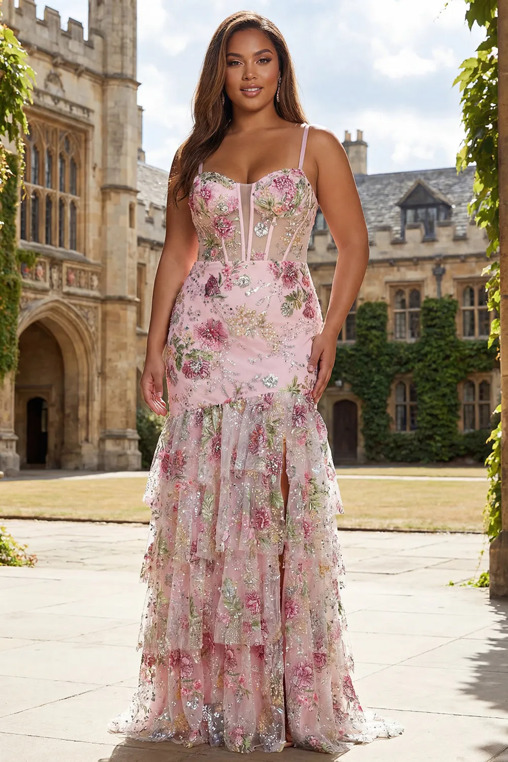 Pink Floral Mermaid Tiered Ruffled Sequin Long Plus Size Prom Dress with Slit sold by Zapaka