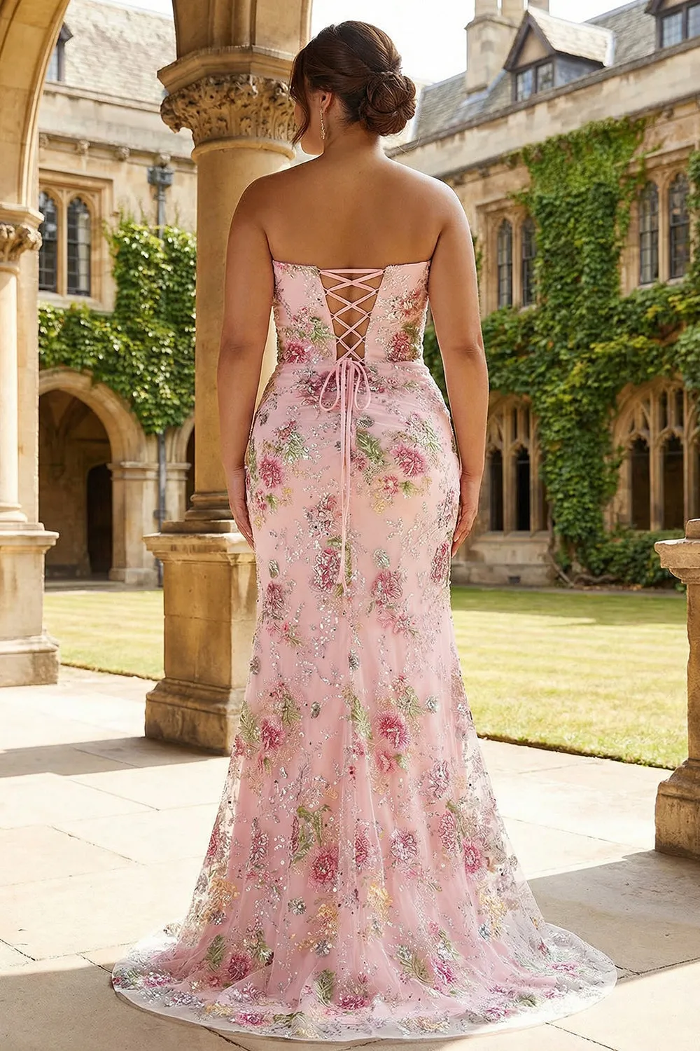 Pink Mermaid Strapless Corset Floral Long Plus Size Prom Dress with Slit sold by Zapaka product image thumbnail 2