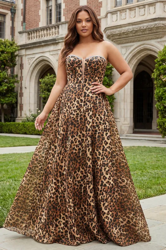 Brown Leopard A-Line Strapless Corset Long Plus Size Prom Dress with Slit sold by Zapaka