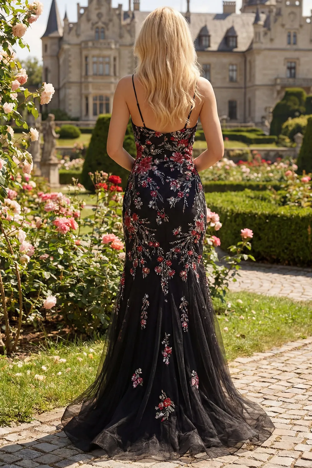 Black Pink Flower Spaghetti Straps Sequins Mermaid Long Prom Dress with Slit sold by Zapaka product image thumbnail 2