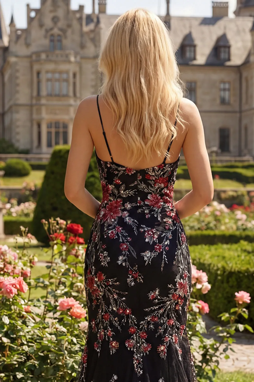 Black Pink Flower Spaghetti Straps Sequins Mermaid Long Prom Dress with Slit sold by Zapaka product image thumbnail 5