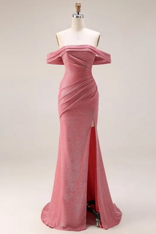 Glitter Mermaid Off The Shoulder Ruched Long Prom Dress with Slit made by Zapaka