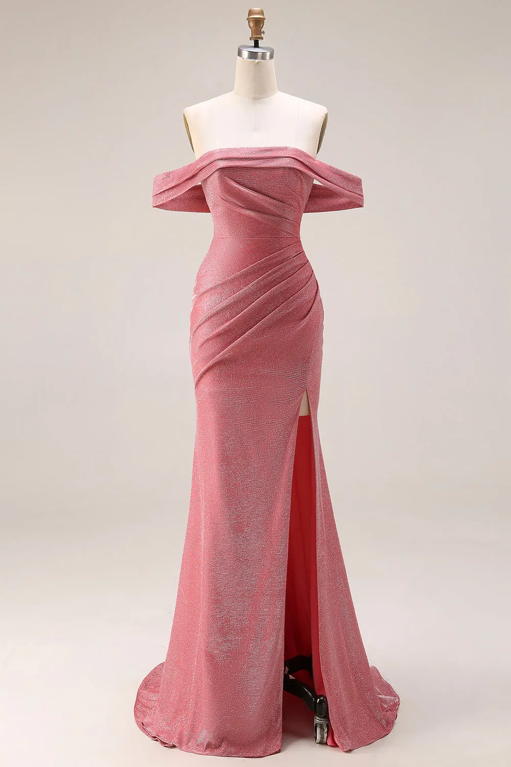 Glitter Mermaid Off The Shoulder Ruched Long Prom Dress with Slit sold by Zapaka