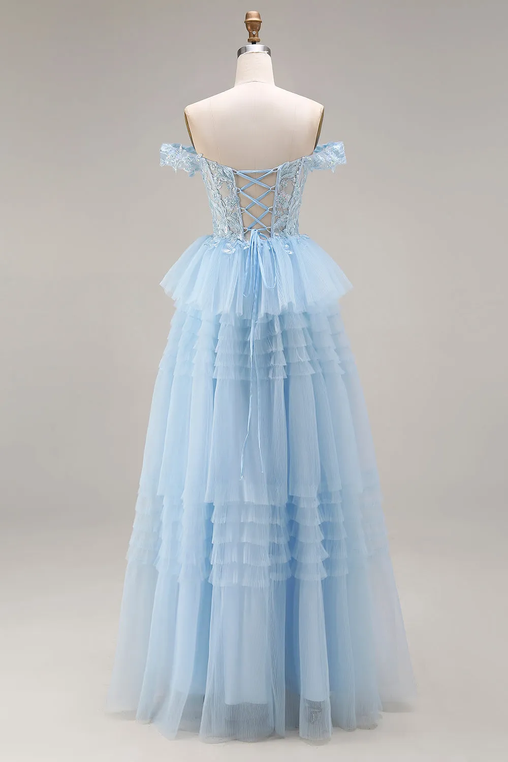 Princess Sky Blue Off The Shoulder Ruffled Long Tulle Prom Dress with Embroidery sold by Zapaka product image thumbnail 2