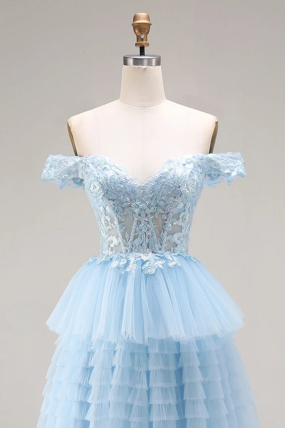 Princess Sky Blue Off The Shoulder Ruffled Long Tulle Prom Dress with Embroidery sold by Zapaka product image thumbnail 4
