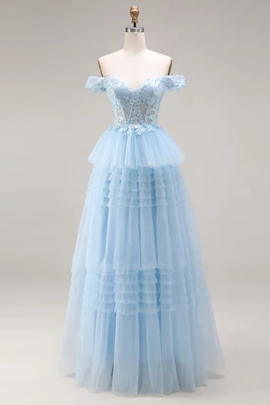 Princess Sky Blue Off The Shoulder Ruffled Long Tulle Prom Dress with Embroidery sold by Zapaka