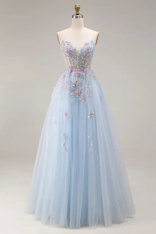 Sweetheart A-Line Sky Blue Corset Sequin Long Prom Dress with Beading sold by Zapaka